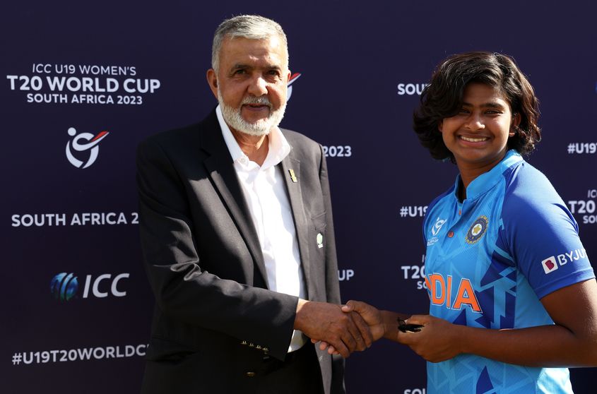 Titas Sadhu of India poses after being named Player of the Match following the ICC Women's U19 T20 World Cup 2023 Final match between India and England at JB Marks Oval on January 29, 2023 in Potchefstroom, South Africa.