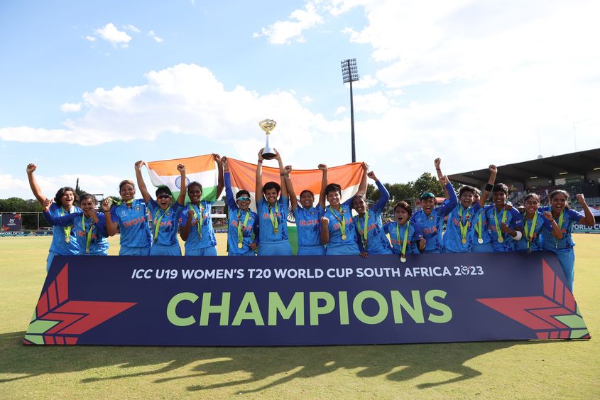 Shafali Verma of India lifts the ICC Women's U19 T20 World Cup Trophy following the ICC Women's U19 T20 World Cup 2023 Final match between India and England at JB Marks Oval on January 29, 2023 in Potchefstroom, South Africa.